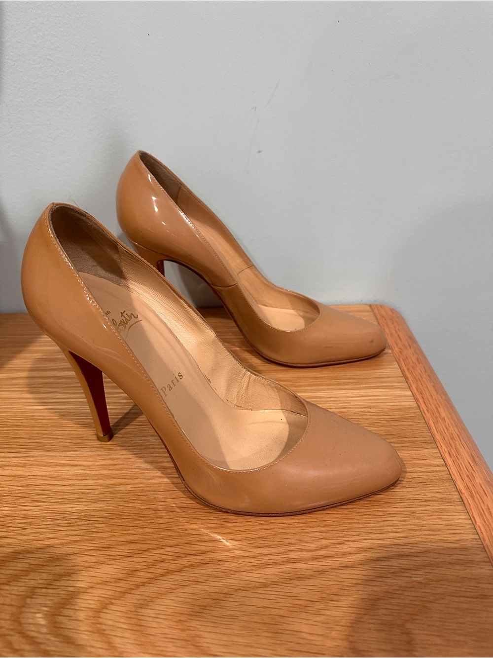 Christian Louboutin Beige Patent Leather Pointed Toe Pumps